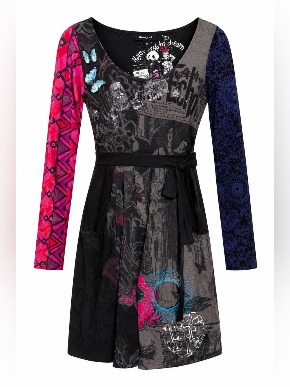 Desigual Pink and Black Long Sleeve Dress size Small